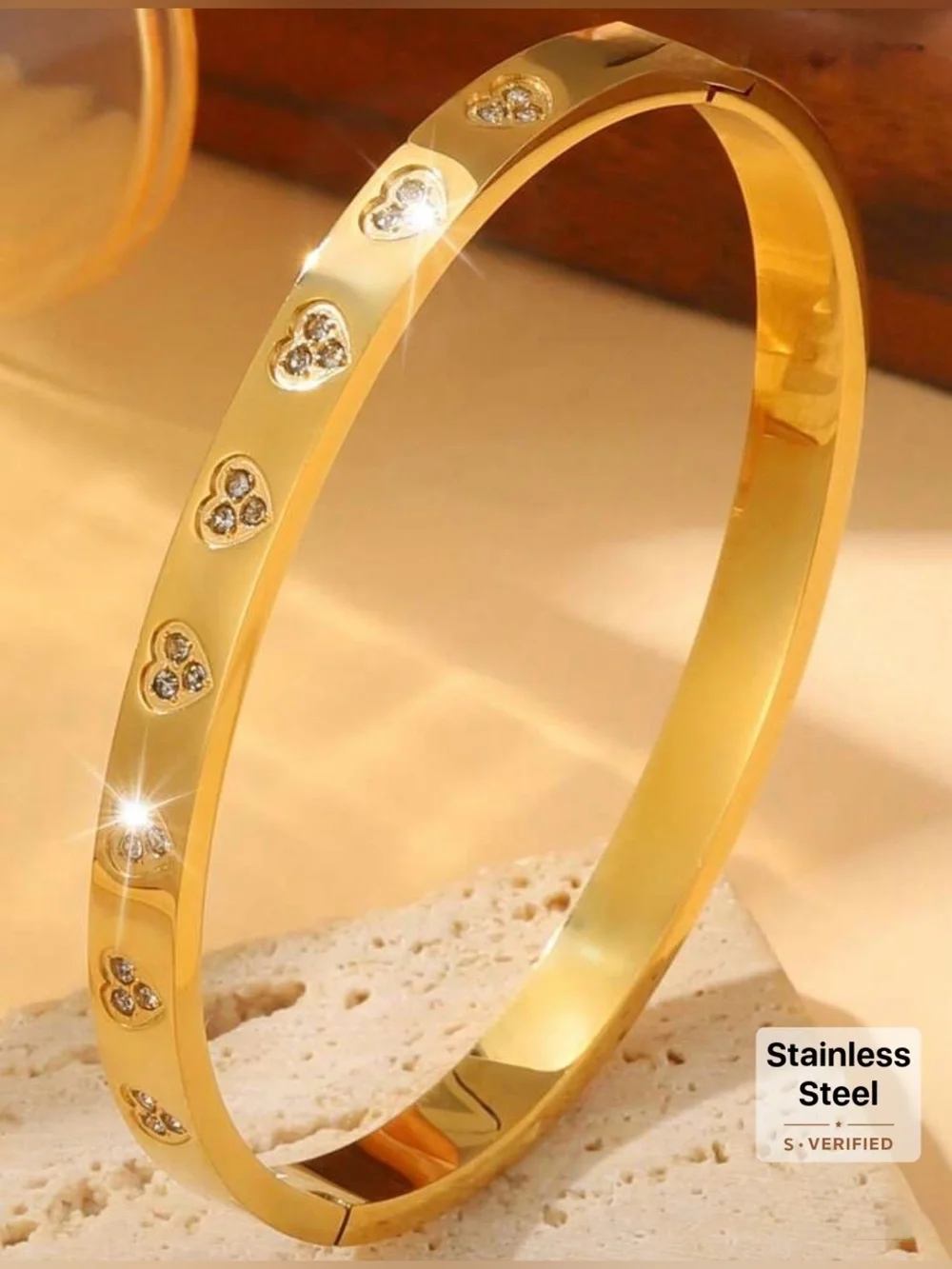 Gold Heart Accent Stainless Steel Bangle Bracelet